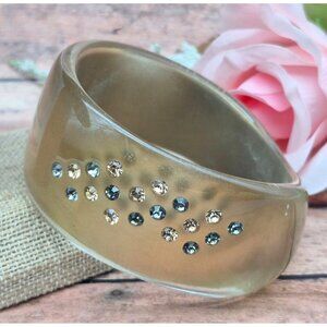 Vintage Asymmetrical Gold Brown Chunky Wide Lucite Bangle Bracelet Rhinestones